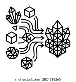 A linear icon depicting the synthesis of geometric shapes and crystals into a complex mineral formation, representing growth, transformation, and structural design concepts.