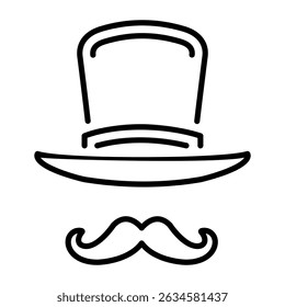 A linear icon depicting victorian mustache with a hat