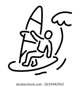 A linear icon depicting windsurfing adventure