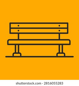 Linear icon design of a park bench with detailed structural lines on a solid yellow background, suitable for urban planning, landscaping, park design, public space signage, and outdoor furniture.
