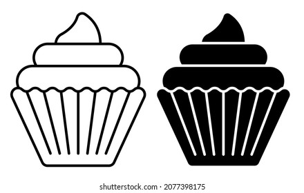 Linear icon. Dessert basket with cream. Sweet muffin with whipped cream. Simple black and white vector isolated on white background