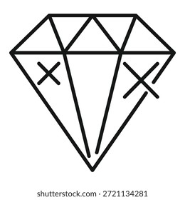 Icono lineal de un diamante con dos cruces, que representa el concepto de una piedra preciosa falsa