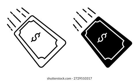 Linear icon. Dollar bill is rapidly depreciating in value and is subject to inflation. Simple black and white vector isolated on white background. NO AI GEN