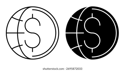 Linear icon. Dollar sign of global financial system against the background of globe. Simple vector isolated on white background
