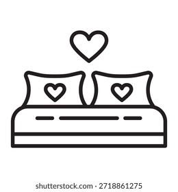 Icono lineal de cama doble con corazón para el día de San Valentín. Edición de estilo romántico dormitorio, amor, relación, luna de miel, hotel, citas y noche de bodas símbolo para tarjeta, App, logotipo y diseño de redes sociales