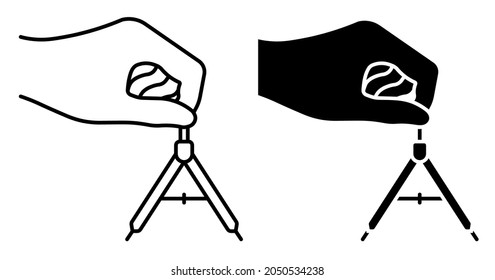 Linear icon. Drawing compass, divider for sketching In hand of engineer or designer. Simple black and white vector isolated on white background