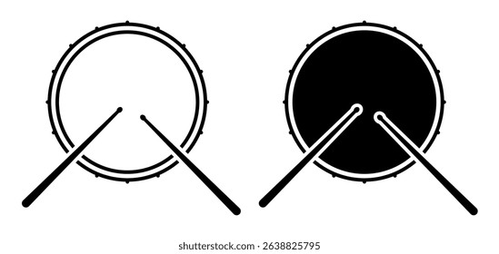 Linear icon. Drum with drumsticks musical instrument. Percussion musical instrument. Simple black and white vector isolated on white background
