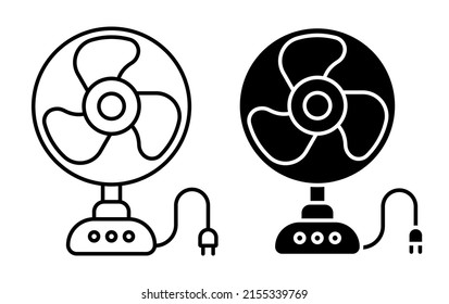Icono lineal, ventilador eléctrico para la sala de refrigeración durante la temporada de verano caliente. Mantenimiento de una temperatura cómoda en la habitación. Vector simple en blanco y negro aislado en fondo blanco