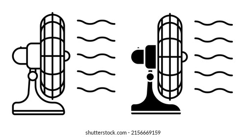 Linear icon, electric fan for cooling room side view. Maintaining comfortable temperature in room. Simple black and white vector isolated on white background