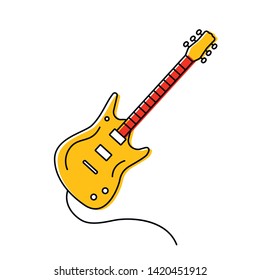 Linear icon electric guitar with a cord in the cartoon style. flat vector illustration on white background