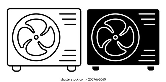 Linear icon. External air conditioner unit with fan. Room cooling and heating. Maintaining comfortable temperature in office. Simple black and white vector isolated on white background