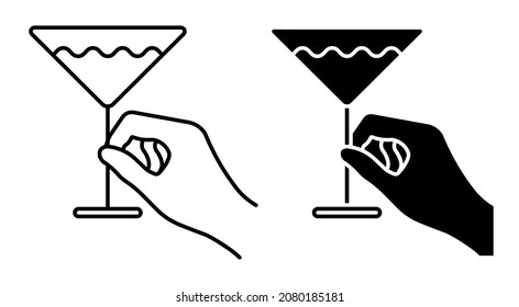 Linear icon. Female hand holding glass with martini. Cocktails, alcoholic drinks, for menu of cafe, restaurant. Simple black and white vector isolated on white background