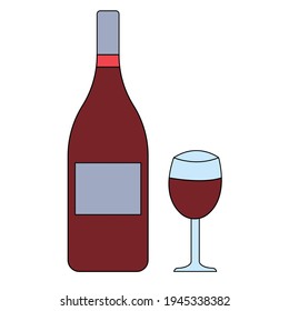 Linear icon festive red wine bottle and a glass with red wine. Holiday icon. Trendy flat design.