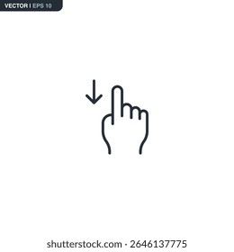 Um ícone linear de um dedo passando o dedo para baixo. Normalmente usado para atualizar, ocultar um menu ou baixar conteúdo. Ideal para tutoriais e guias de aplicativos.