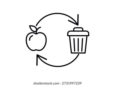 Icono lineal del ciclo de desperdicio de alimentos con manzana y papelera