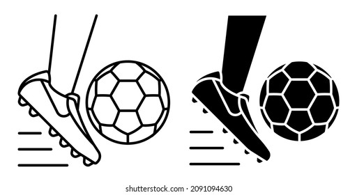 Icono lineal. El pie en la bota de los deportes golpea la pelota de fútbol. Pasar, golpear la bola por jugador en el juego de mando en el campo o en entrenamiento. Vector simple en blanco y negro aislado en fondo blanco