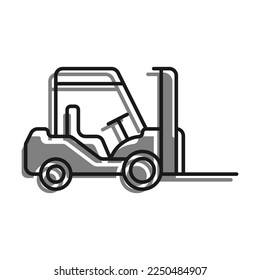 Icono lineal. Elevador de horquilla para mover mercancías por el almacén. Transporte para descargar y transportar cajas pesadas. Vector simple en blanco y negro aislado en fondo blanco