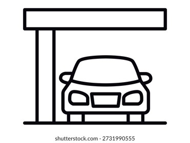 Icono lineal de una vista frontal de un automóvil debajo de un cobertizo o garaje abierto