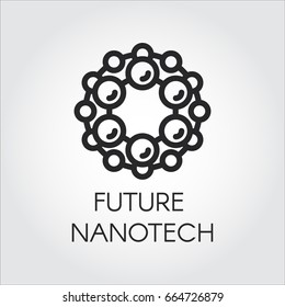 Linear icon of future nanotech concept. Label for future nanotechnology and development design theme. Vector illustration line logo on a gray background