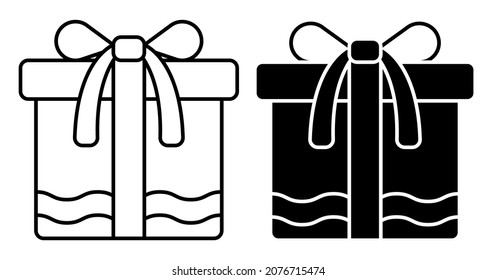 Linear icon. Gift holiday box with bow on top. Gifts and surprises for new year 2022 and birthday. Simple black and white vector isolated on white background