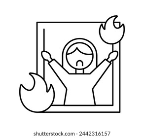 Linear icon of a girl in a burning apartment. A call for help. Pectogram in flat style. EPS10
