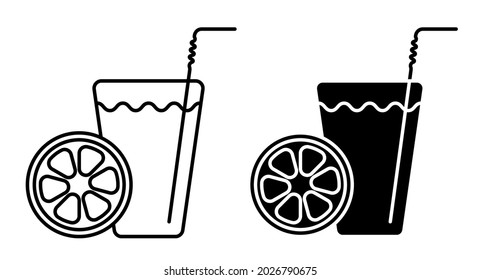 Linear icon. Glass of refreshing citrus juice with straw and orange slice. Refreshing drinks in summer heat. Simple black and white vector isolated on white background