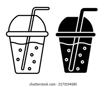 Linear icon, glass of smoothie with straw and lid. Refreshing fruit drinks in hot summer. Simple black and white vector isolated on white background