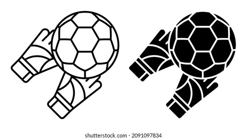 Linear icon. Goalkeeper gloved hands catch flying soccer ball. Football goalie gear to protect football goals. Simple black and white vector isolated on white background