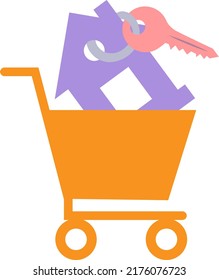 Linear icon in the grocery cart there is a key with a keychain in the form of a house. vector isolated on a white background