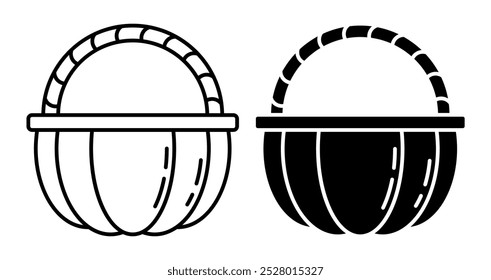 Icono lineal. Media cesta de calabaza con asa. Cosecha de otoño. Calabazas de Halloween. Vector blanco y negro simple aislado en el fondo blanco