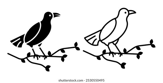 Linear icon. Halloween big black raven sits on a branch in cemetery. Bearer of bad news. Simple black and white vector isolated on white background