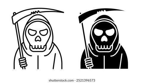 Linear icon. Halloween Death in a robe with a scythe. Simple black and white vector isolated on white background