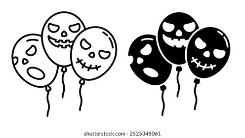 Lineares Symbol. Halloween Kranz aus Ballons mit Spooky grinsenden Köpfen. Einfache schwarz-weiße Vektorgrafik einzeln auf weißem Hintergrund