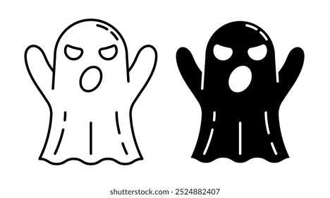 Ícone linear. Fantasma ameaçador de Halloween que assusta as pessoas com sons de outro mundo e gritos misteriosos. Vetor preto e branco simples isolado no fundo branco