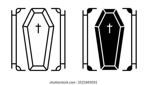 Linear icon. Halloween process of burying a coffin in a cemetery. Simple black and white vector isolated on white background