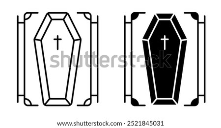 Linear icon. Halloween process of burying a coffin in a cemetery. Simple black and white vector isolated on white background