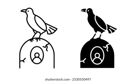 Linear icon. Halloween raven sits on tombstone with photo and date of life of deceased in cemetery. Simple black and white vector isolated on white background