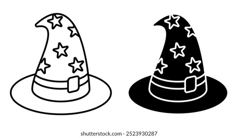 Linear icon. Halloween Wizard hat with star ornament. Simple black and white vector isolated on white background