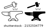 Linear icon, hammer hits the anvil. Blacksmith craft, production of metal products. Simple black and white vector isolated on white background