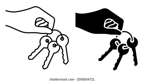 Linear icon. Hand of admin holds bunch of metal key of lock. Solving complex business issues on way to success. Simple black and white vector isolated on white background
