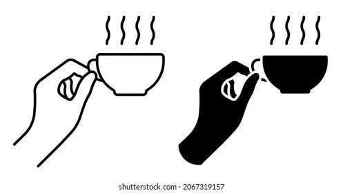 Linear icon. Hand hold Coffee cup with hot drink and steam. Morning invigorating tea for good mood. Simple black and white vector isolated on white background