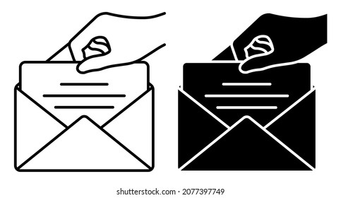 Linear icon. Hand hold envelope with greeting card for holiday. Simple black and white vector isolated on white background