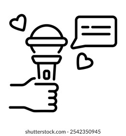 Ein lineares Symbol einer Hand, die ein Mikrofon sprachbereit hält