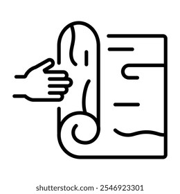 Icono lineal de una mano que sostiene un rollo de chapa de madera