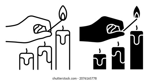 Icono lineal. La mano sostiene una cerilla de fuego sobre las velas. Preparándose para las vacaciones, encendiendo velas. Vector simple en blanco y negro aislado en fondo blanco