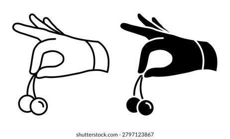 Linear icon. Hand holds a cherry and places it on top of the cake. Simple black and white vector symbol isolated on white background. NO AI GEN