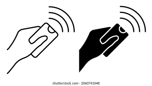 Linear Icon. Hand Holds The TV Control Panel And Presses The Button With Thumb. Remote Control Of Digital Devices. Simple Black And White Vector Isolated On White Background