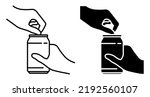 Linear icon, hand opens aluminum can for soft drinks. Storing cocktails and soda in jar. Simple black and white vector isolated on white background
