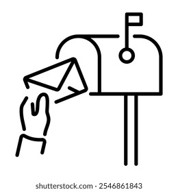 A linear icon of a hand putting a letter into a mail slot
