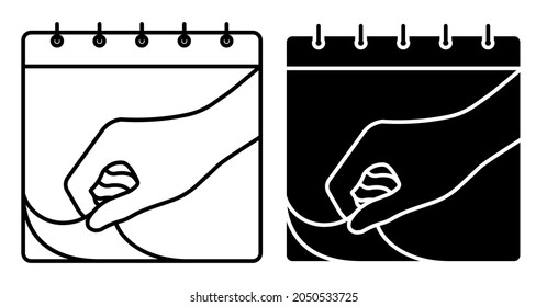 Linear icon. Hand tearing sheet of wall calendar. Marking days of week, months on calendar. Simple black and white vector